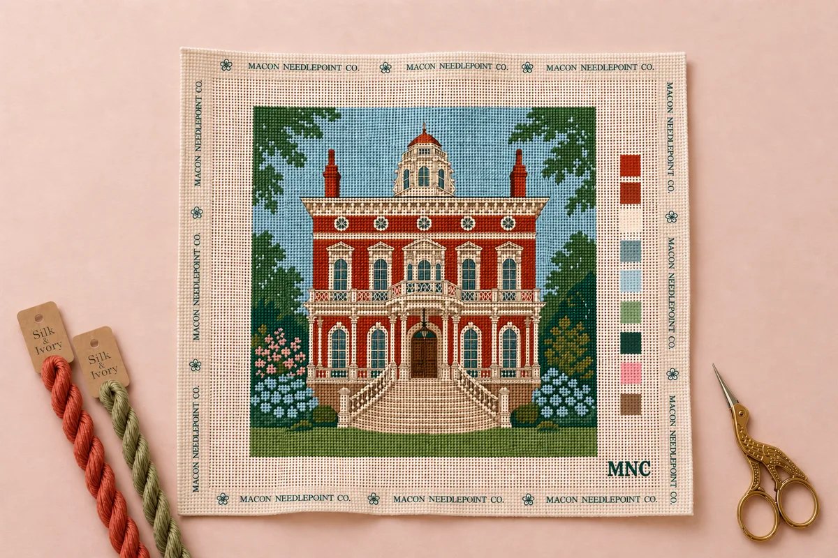 Hand-painted Hay House needlepoint canvas by Macon Needlepoint Co., featuring the Johnston-Felton-Hay House in Macon, Georgia